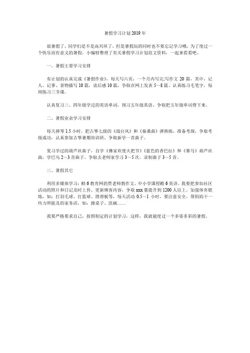 最新整理暑假学习计划2019年.doc