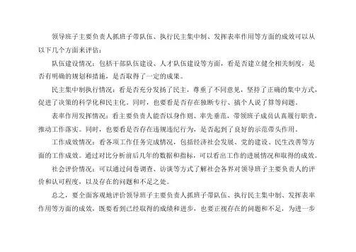 领导班子主要负责人抓班子带队伍、执行民主集中制、发挥表率作用等方面的成效