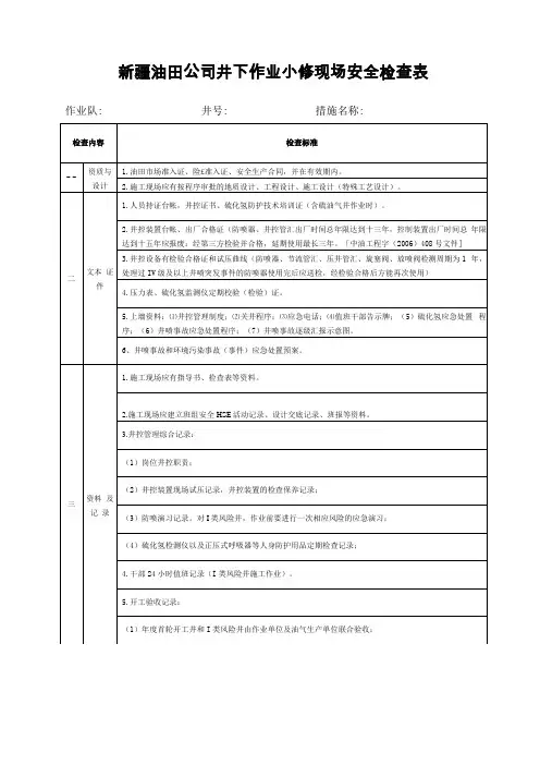 油田公司井下作业小修现场安全检查表