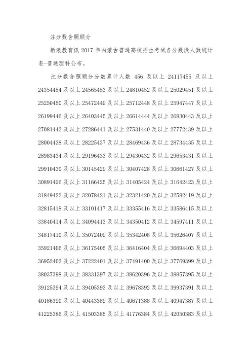 内蒙2017年高考分数统计一分一档表(理科)