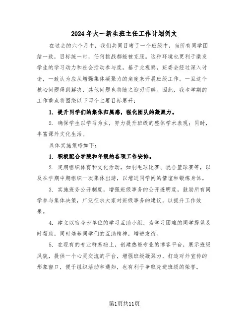2024年大一新生班主任工作计划例文（五篇）
