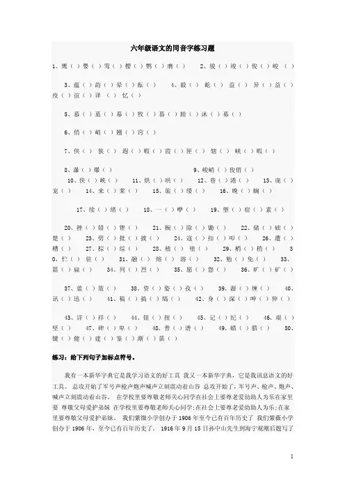 六年级语文的同音字练习题