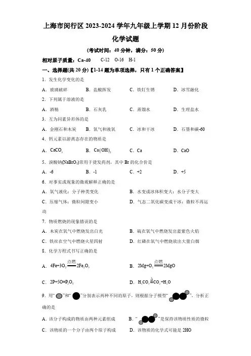 上海市闵行区2023-2024学年九年级上学期12月份阶段化学试卷(含解析)