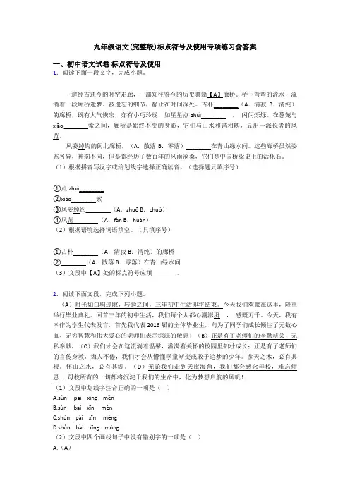 九年级语文(完整版)标点符号及使用专项练习含答案