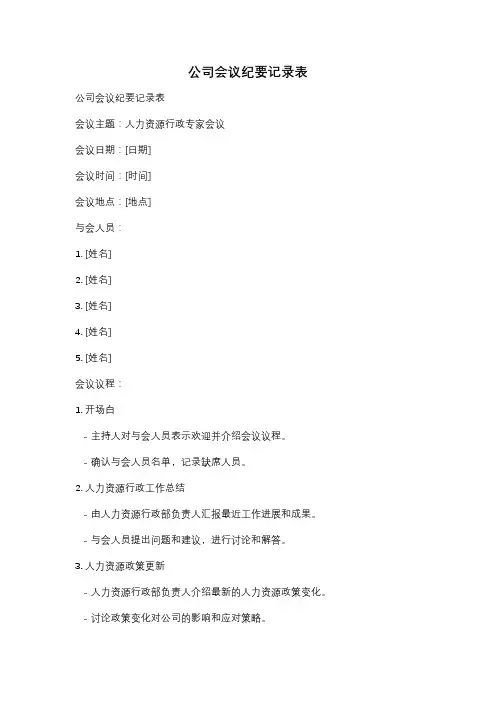 公司会议纪要记录表