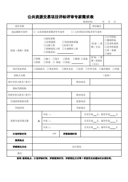 公共资源交易项目评标评审专家需求表