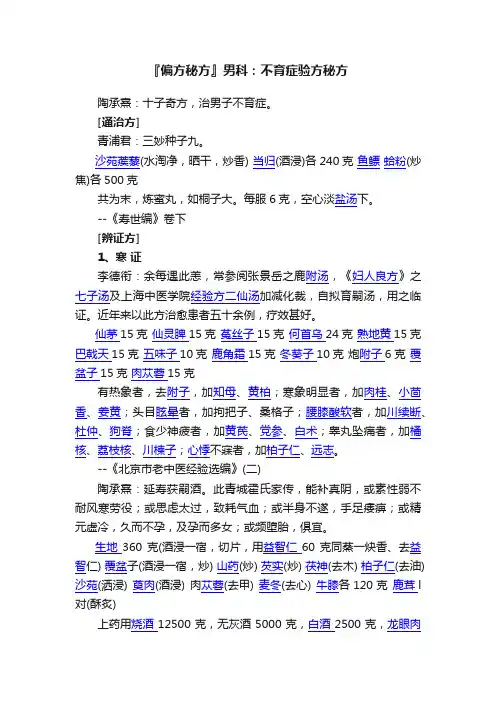 『偏方秘方』男科：不育症验方秘方