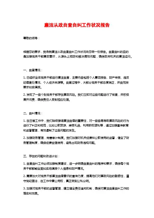 廉洁从政自查自纠工作状况报告