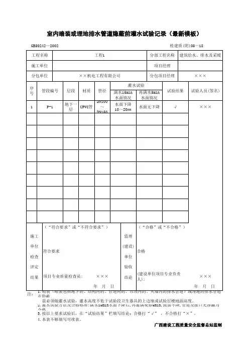 室内暗装或埋地排水管道隐蔽前灌水试验记录(最新模板)