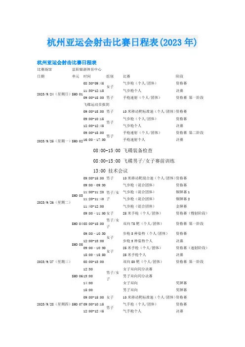 杭州亚运会射击比赛日程表(2023年)