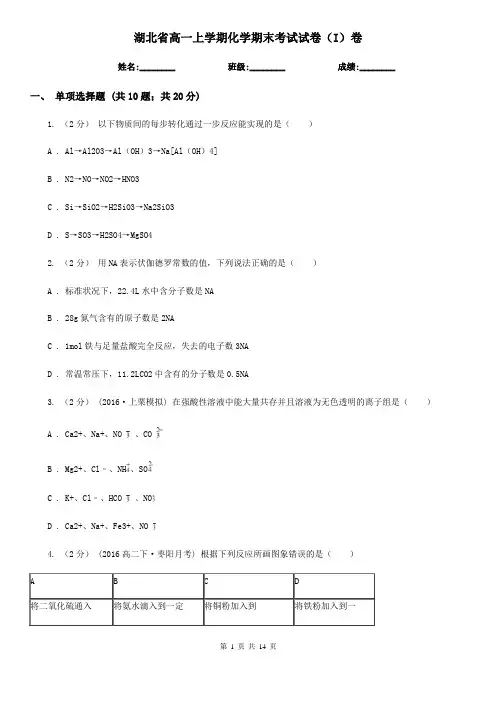 湖北省高一上学期化学期末考试试卷(I)卷