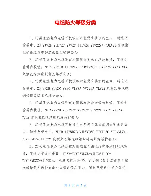 电缆防火等级分类