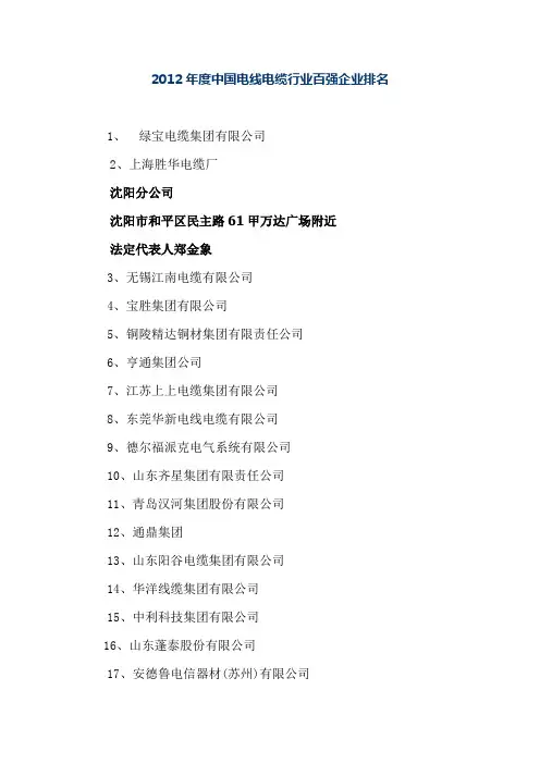 2012年度中国电线电缆行业百强企业排名