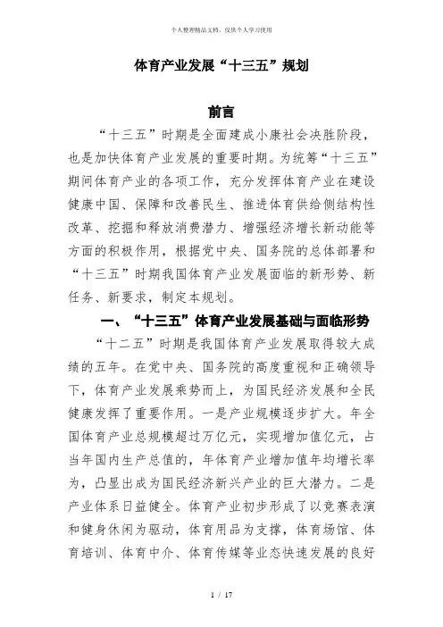 体育产业发展十三五规划