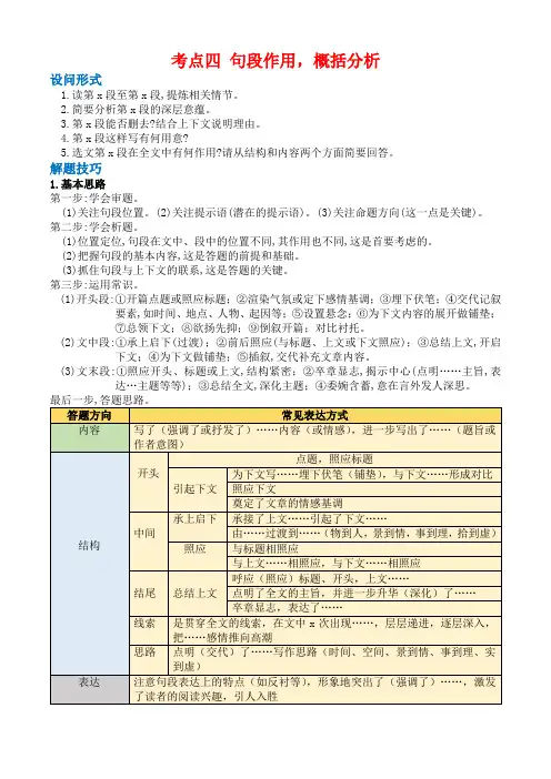 初中阅读 考点4 句段作用,概括分析 (含答案)