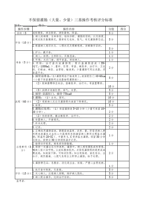 不保留灌肠(大量、少量)三基操作考核评分标准