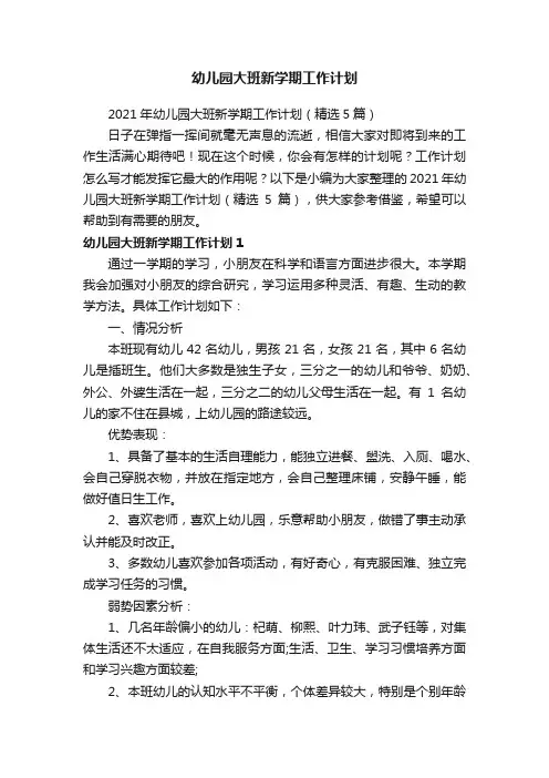 2021年幼儿园大班新学期工作计划（精选5篇）