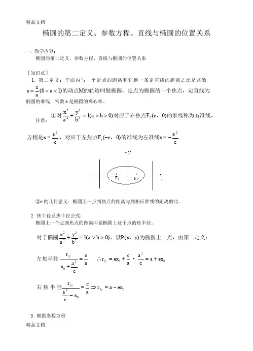 (整理)椭圆的第二定义参数方程直线与椭圆的位置关系-高中数学