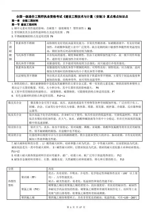全国一级造价工程师执业资格考试《建设工程技术与计量(安装)》重点难点知识点