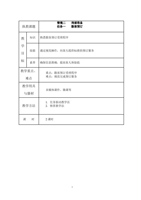 前厅服务与管理-前厅 情境二任务一散客预订电子教案