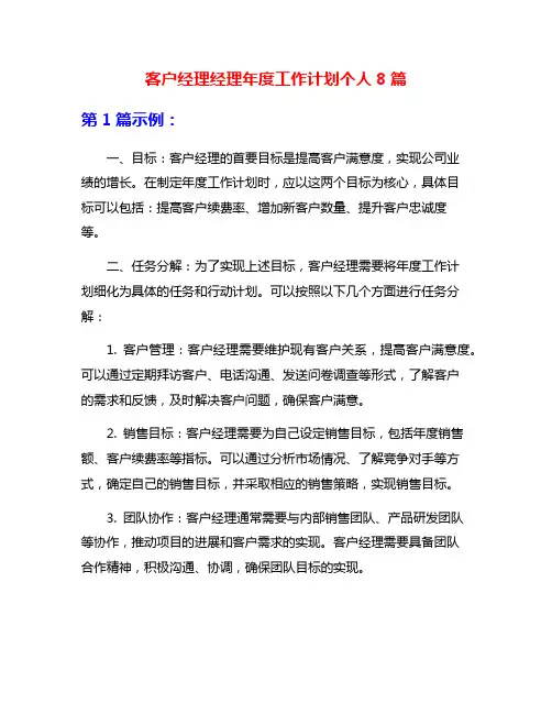 客户经理经理年度工作计划个人8篇