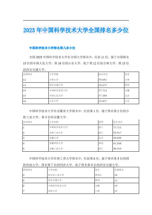 2023年中国科学技术大学全国排名多少位