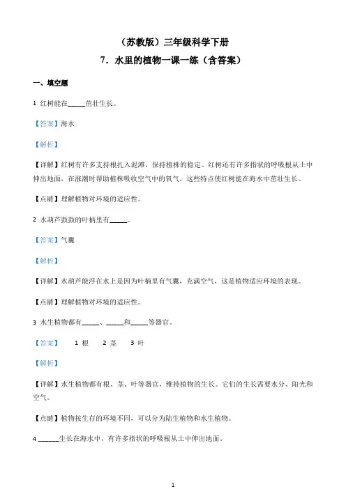 苏教版科学三年级下册7 水里的植物练习卷（解析版）小学教学资料