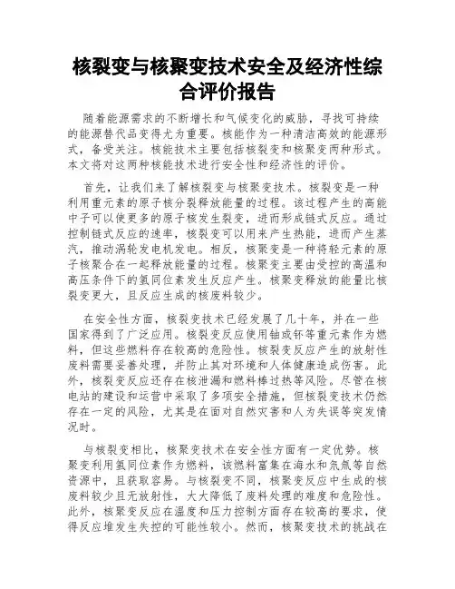 核裂变与核聚变技术安全及经济性综合评价报告