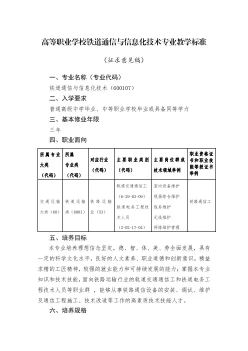 铁道运输类——铁道通信与信息化技术专业教学标准600107