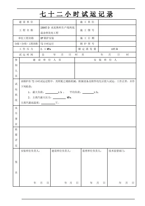 余热发电锅炉72小时运行记录