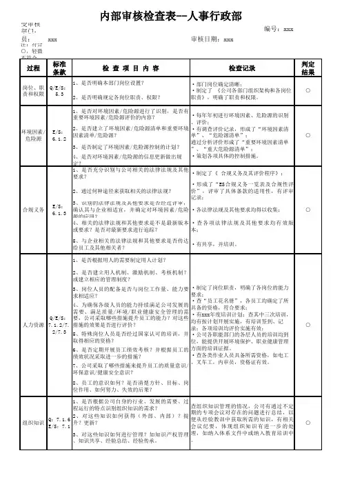 质量、环境、职业健康安全三体系三体系内审检查表 - 行政人事部