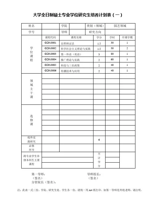 大学全日制硕士专业学位研究生培养计划表(一)