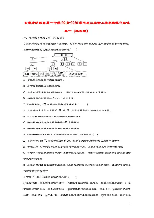 安徽省涡阳县第一中学2019_2020学年高二生物上学期寒假作业试题一
