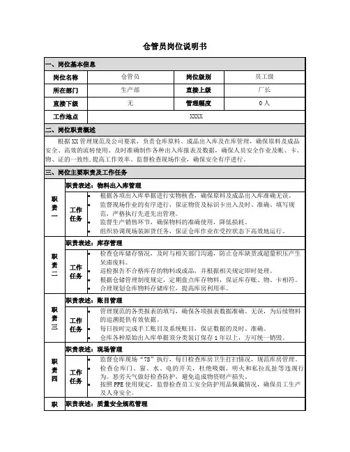 岗位说明书-仓管员