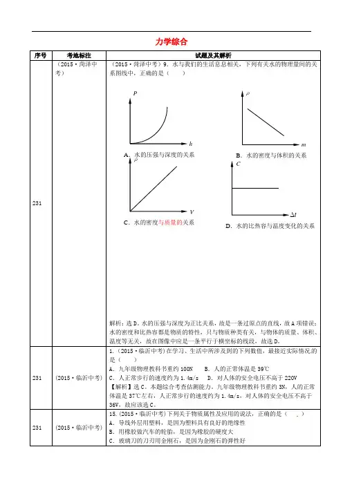 全国中考物理真题分类汇编 力学综合1