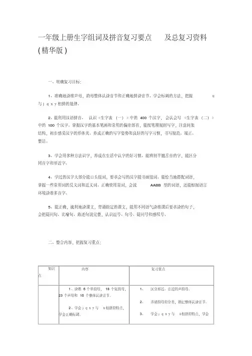 一年级上册生字组词及拼音复习要点及总复习资料