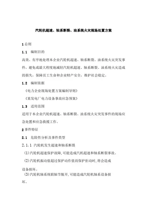 汽轮机超速、轴系断裂、油系统火灾现场处置方案