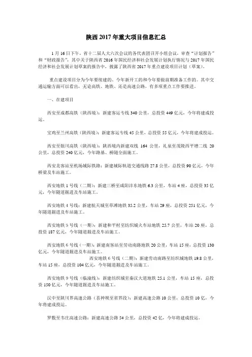 陕西2017年重大项目信息汇总