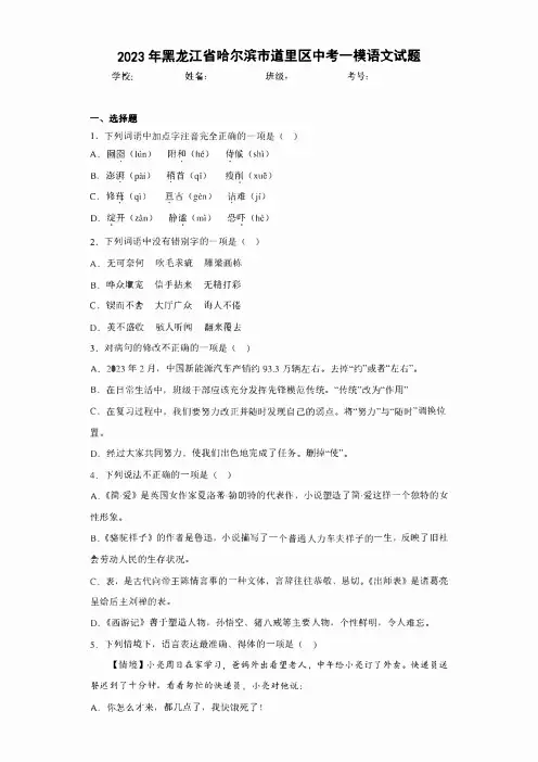 2023年黑龙江省哈尔滨市道里区中考一模语文试题(含答案)