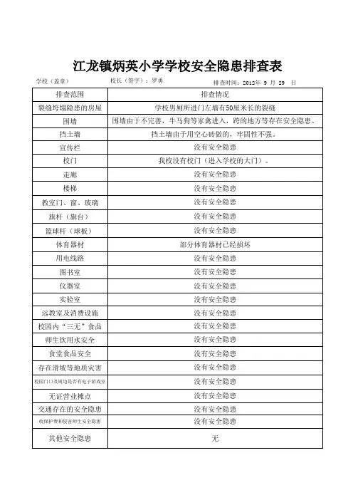 炳英小学安全隐患排查表Book1