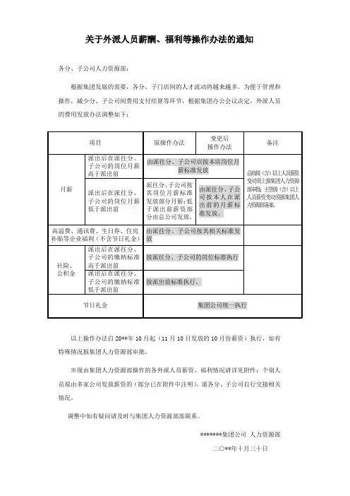 外派人员薪资福利通知
