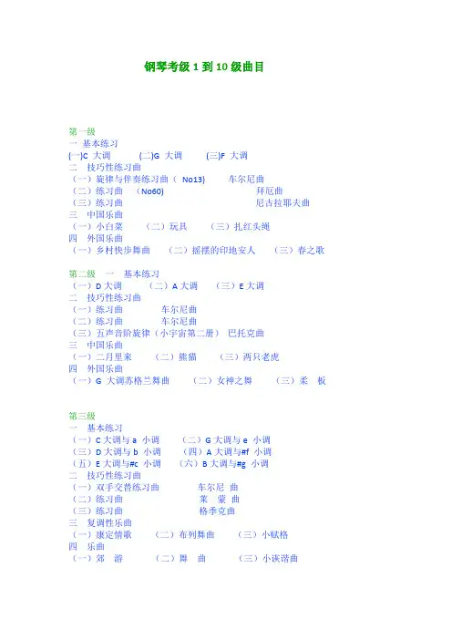 钢琴考级1到10级曲目