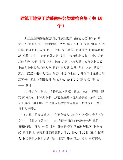 建筑工地复工防疫防控各类表格合集(共18个)
