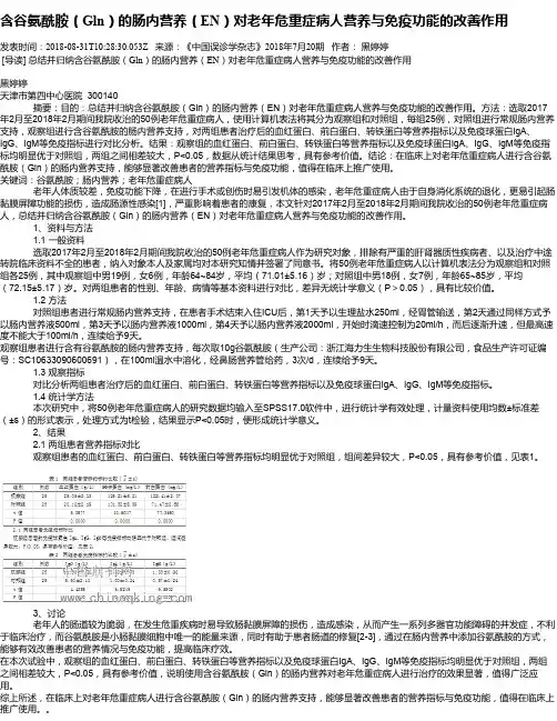 含谷氨酰胺(Gln)的肠内营养(EN)对老年危重症病人营养与免疫功