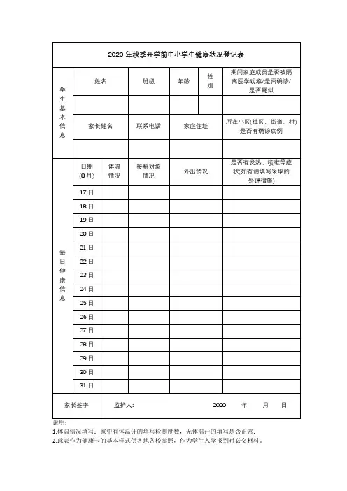 2020年秋季开学前中小学生健康状况登记表