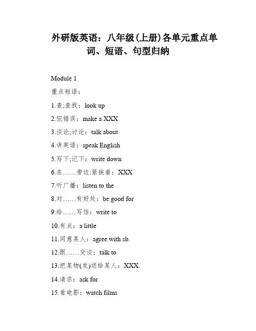 外研版英语：八年级(上册)各单元重点单词、短语、句型归纳