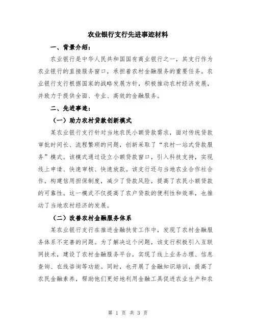 农业银行支行先进事迹材料