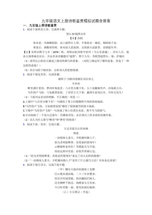 九年级语文上册诗歌鉴赏模拟试题含答案