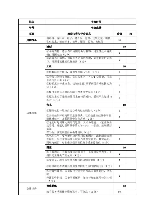 (开放性伤口的止血包扎)评分标准