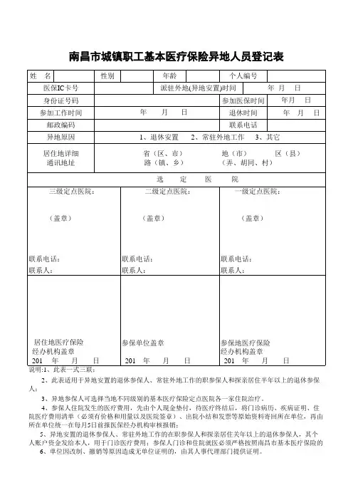 南昌市城镇职工基本医疗保险异地人员登记表